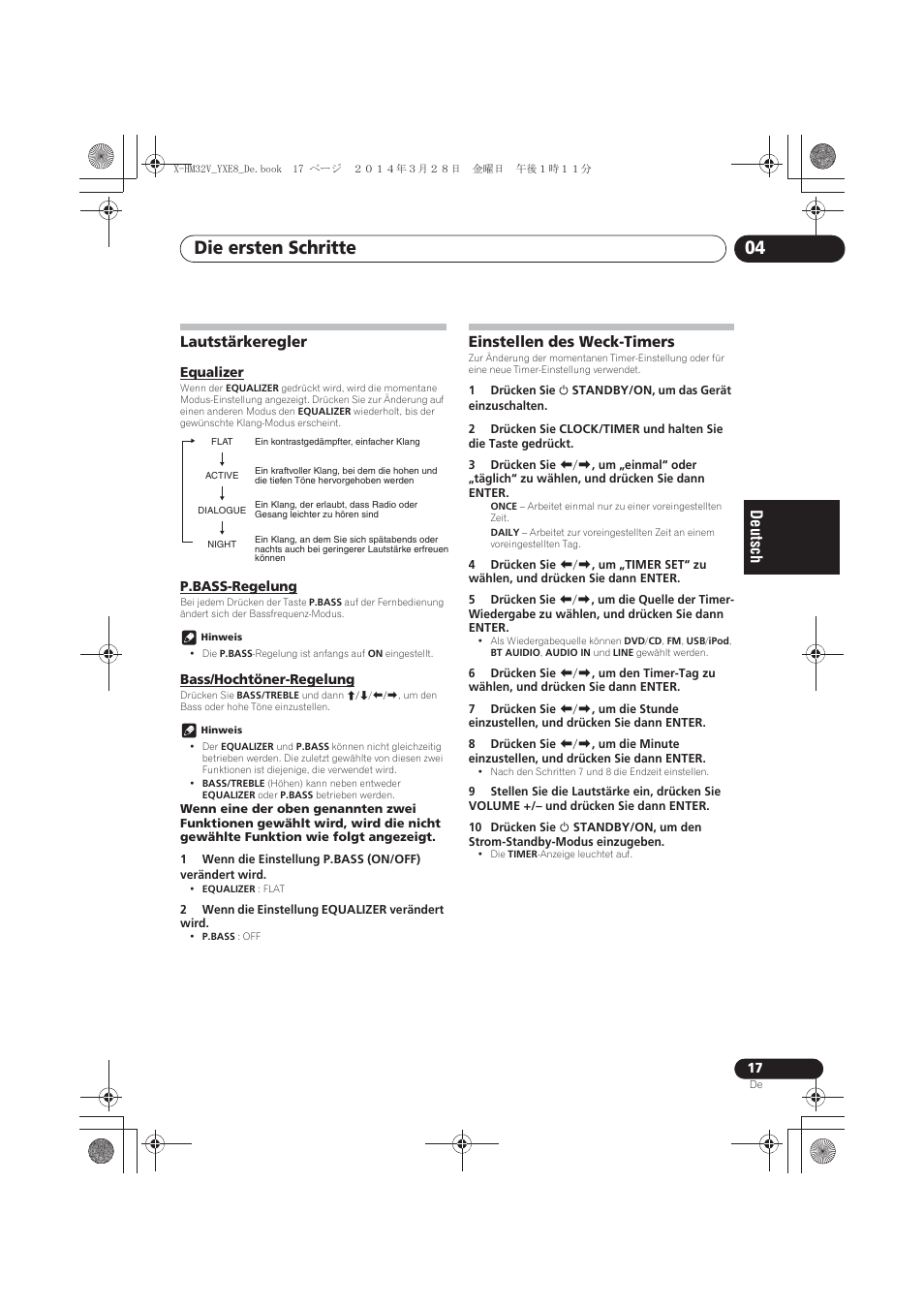 Lautstärkeregler, Equalizer, P.bass-regelung | Bass/hochtöner-regelung, Einstellen des weck-timers, Die ersten schritte 04 | Pioneer X-HM32V-S User Manual | Page 109 / 280