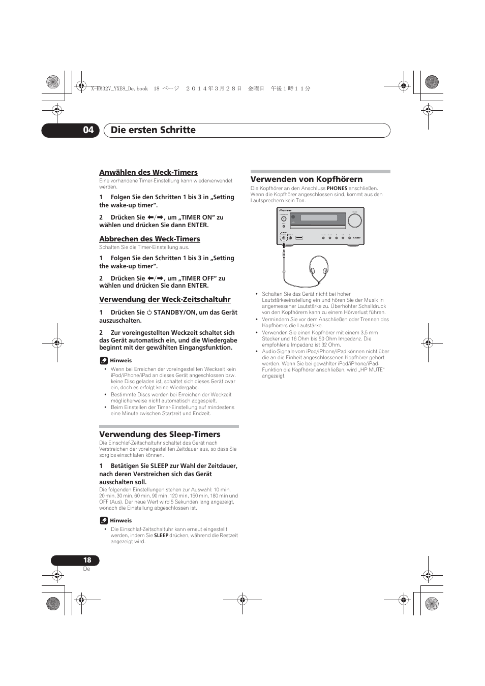 Anwählen des weck-timers, Abbrechen des weck-timers, Verwendung der weck-zeitschaltuhr | Verwendung des sleep-timers, Verwenden von kopfhörern, Die ersten schritte 04, Timer | Pioneer X-HM32V-S User Manual | Page 110 / 280