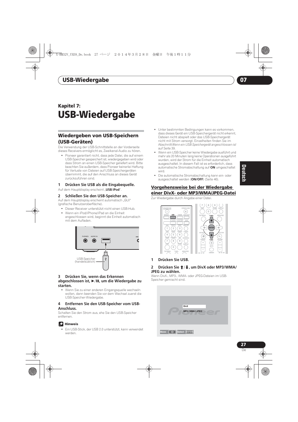 07 usb-wiedergabe, Wiedergeben von usb-speichern (usb-geräten), Vorgehensweise bei der wiedergabe einer divx- oder | Mp3/wma/jpeg-datei, Usb-wiedergabe, Usb-wiedergabe 07, Kapitel 7 | Pioneer X-HM32V-S User Manual | Page 119 / 280