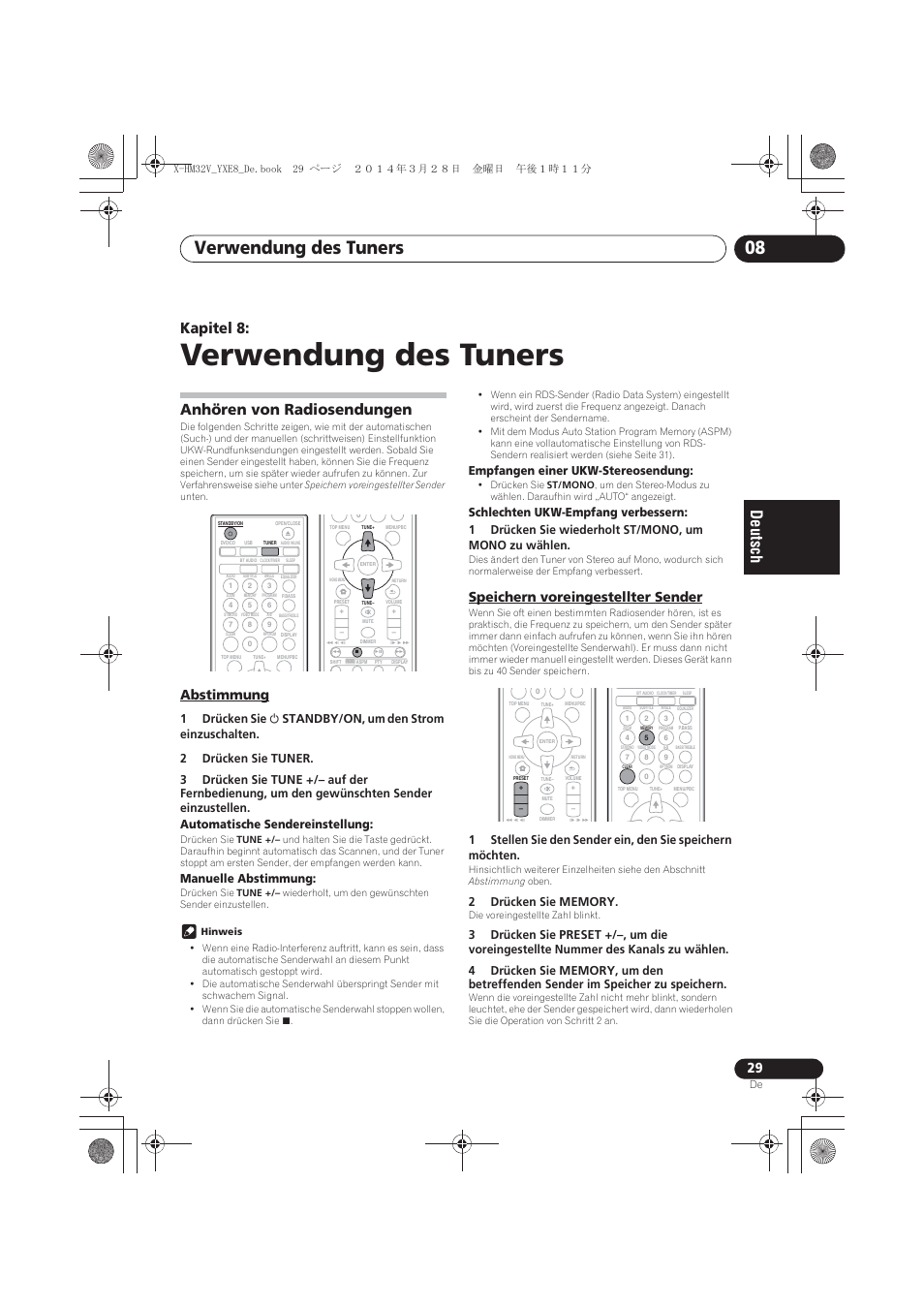 08 verwendung des tuners, Anhören von radiosendungen, Abstimmung | Speichern voreingestellter sender, Verwendung des tuners, Verwendung des tuners 08, Kapitel 8, Manuelle abstimmung, Empfangen einer ukw-stereosendung | Pioneer X-HM32V-S User Manual | Page 121 / 280