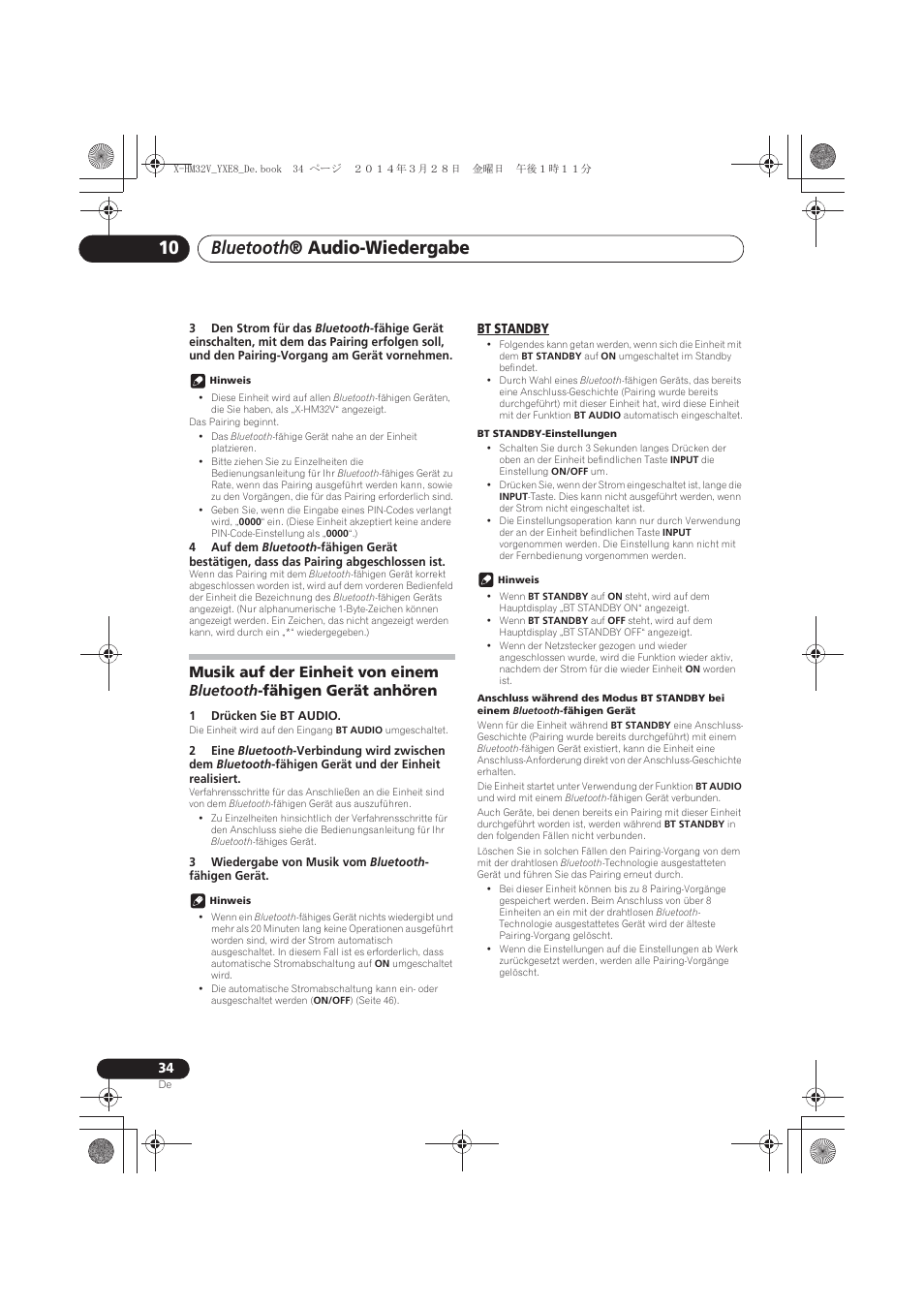 Musik auf der einheit von einem bluetooth -fähigen, Gerät anhören, Bt standby | Bluetooth ® audio-wiedergabe | Pioneer X-HM32V-S User Manual | Page 126 / 280