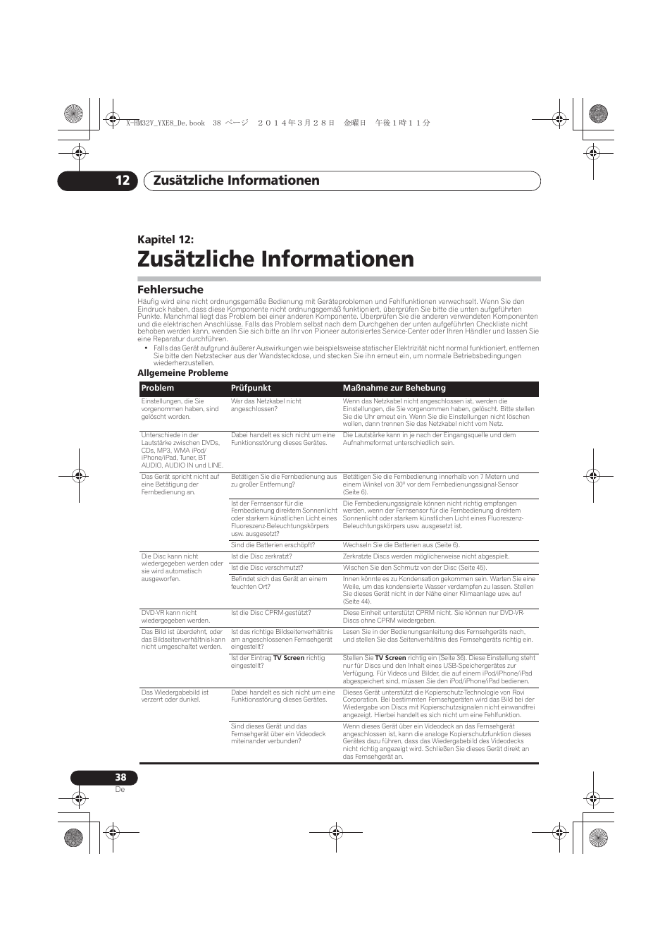 12 zusätzliche informationen, Fehlersuche, Zusätzliche informationen | Zusätzliche informationen 12, Kapitel 12 | Pioneer X-HM32V-S User Manual | Page 130 / 280