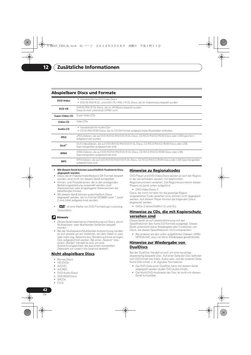 Abspielbare discs und formate, Nicht abspielbare discs, Hinweise zu regionalcodes | Hinweise zu cds, die mit kopierschutz versehen, Sind, Hinweise zur wiedergabe von dualdiscs, Zusätzliche informationen 12 | Pioneer X-HM32V-S User Manual | Page 134 / 280