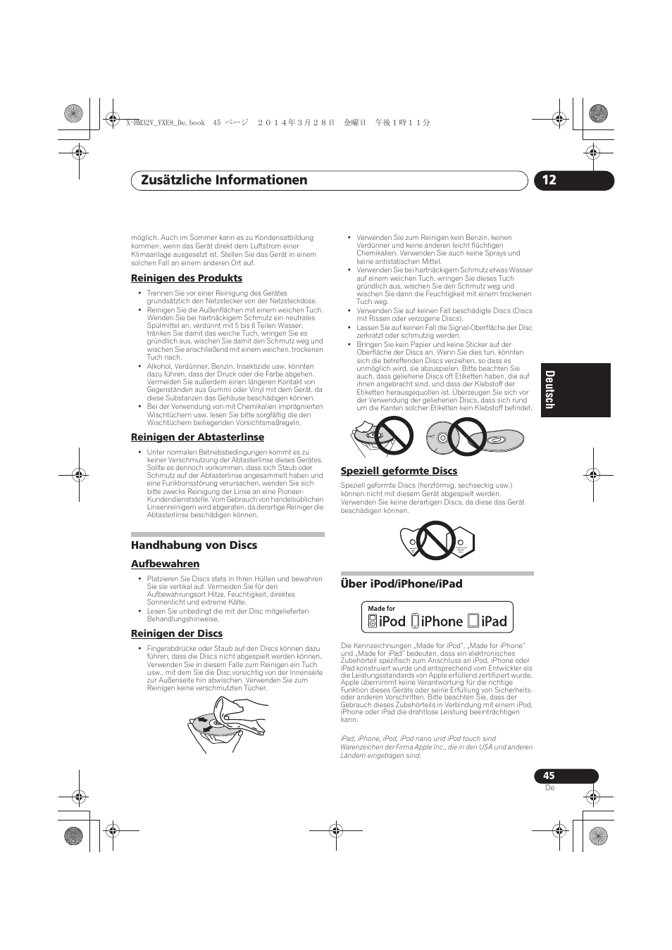 Reinigen des produkts, Reinigen der abtasterlinse, Handhabung von discs | Aufbewahren, Reinigen der discs, Speziell geformte discs, Über ipod/iphone/ipad, Zusätzliche informationen 12 | Pioneer X-HM32V-S User Manual | Page 137 / 280