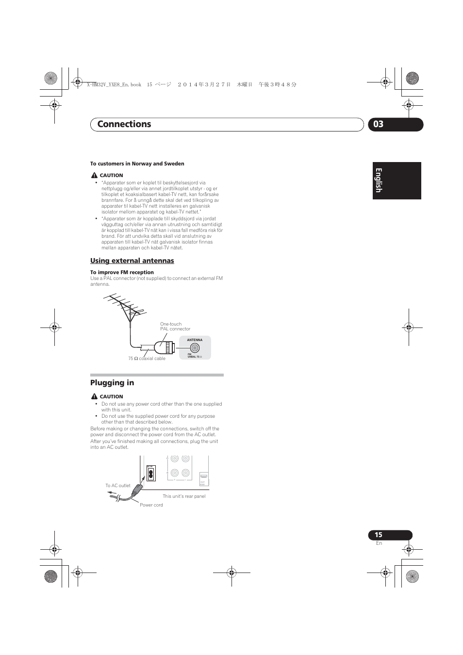 Using external antennas, Plugging in, Connections 03 | English | Pioneer X-HM32V-S User Manual | Page 15 / 280