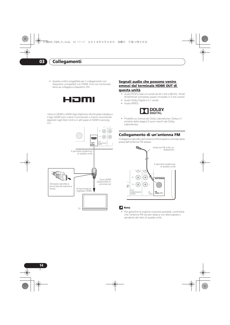 Hdmi out di questa unità, Collegamento di un’antenna fm, Collegamenti 03 | Pioneer X-HM32V-S User Manual | Page 152 / 280