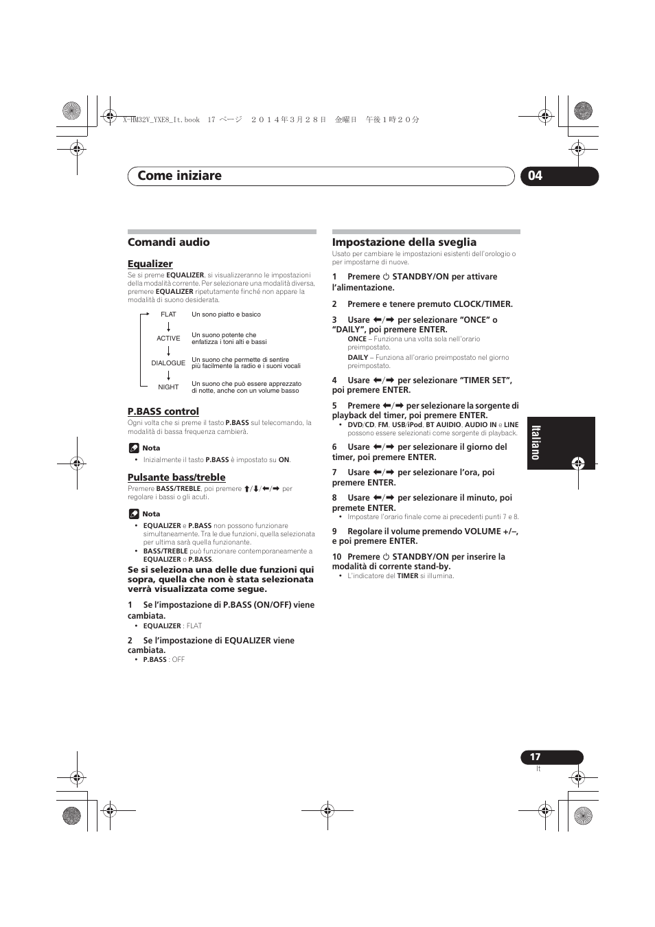 Comandi audio, Equalizer, P.bass control | Pulsante bass/treble, Impostazione della sveglia, Come iniziare 04 | Pioneer X-HM32V-S User Manual | Page 155 / 280