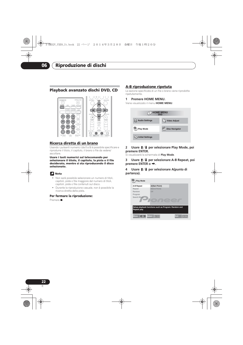 Playback avanzato dischi dvd, cd, Ricerca diretta di un brano, A-b riproduzione ripetuta | Riproduzione di dischi 06, Per fermare la riproduzione, 1premere home menu | Pioneer X-HM32V-S User Manual | Page 160 / 280