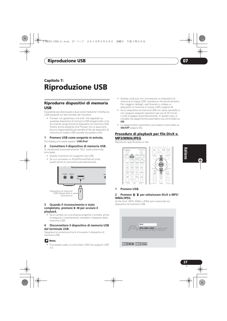07 riproduzione usb, Riprodurre dispositivi di memoria usb, Procedure di playback per file divx o mp3/wma | Jpeg, Riproduzione usb, Riproduzione usb 07, Capitolo 7, Procedure di playback per file divx o mp3/wma/jpeg | Pioneer X-HM32V-S User Manual | Page 165 / 280