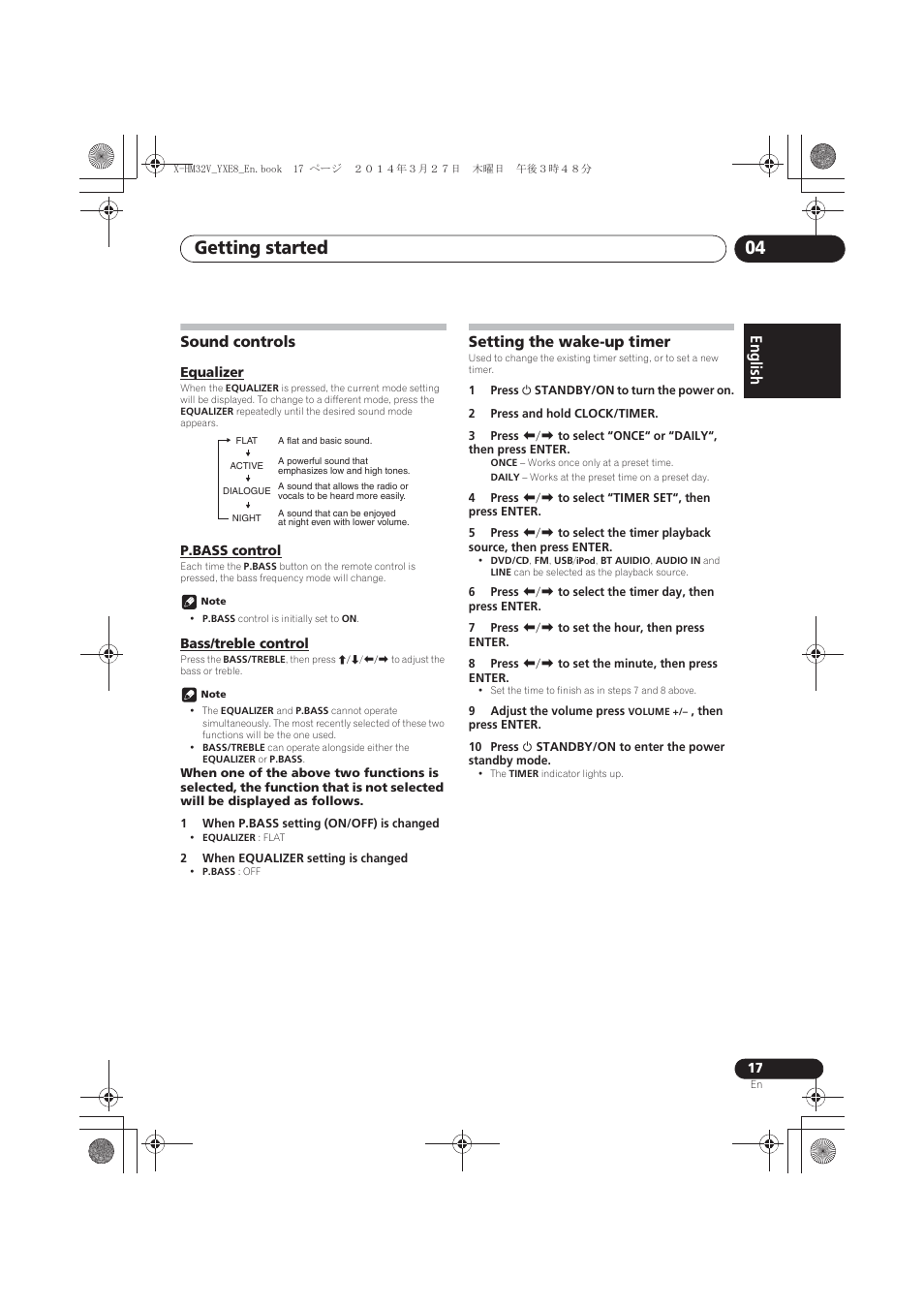 Sound controls, Equalizer, P.bass control | Bass/treble control, Setting the wake-up timer, Getting started 04, English | Pioneer X-HM32V-S User Manual | Page 17 / 280