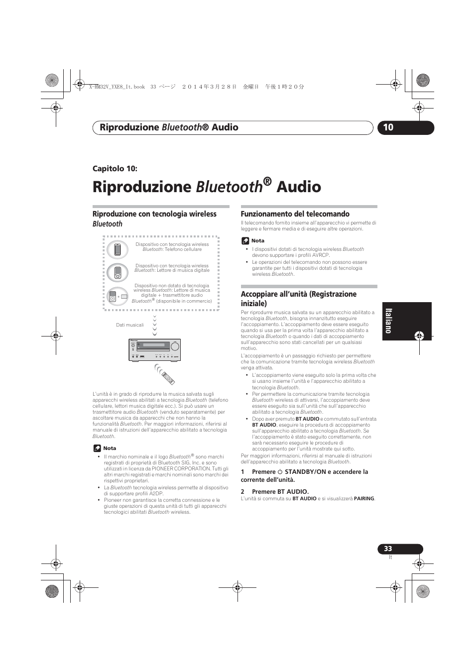 10 riproduzione bluetooth ® audio, Riproduzione con tecnologia wireless bluetooth, Funzionamento del telecomando | Accoppiare all’unità (registrazione iniziale), Riproduzione bluetooth, Audio, Riproduzione bluetooth ® audio | Pioneer X-HM32V-S User Manual | Page 171 / 280