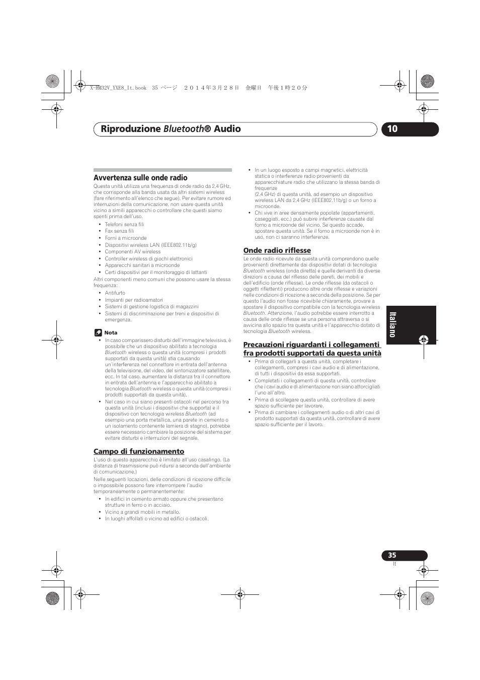 Avvertenza sulle onde radio, Campo di funzionamento, Onde radio riflesse | Supportati da questa unità, Riproduzione bluetooth ® audio | Pioneer X-HM32V-S User Manual | Page 173 / 280