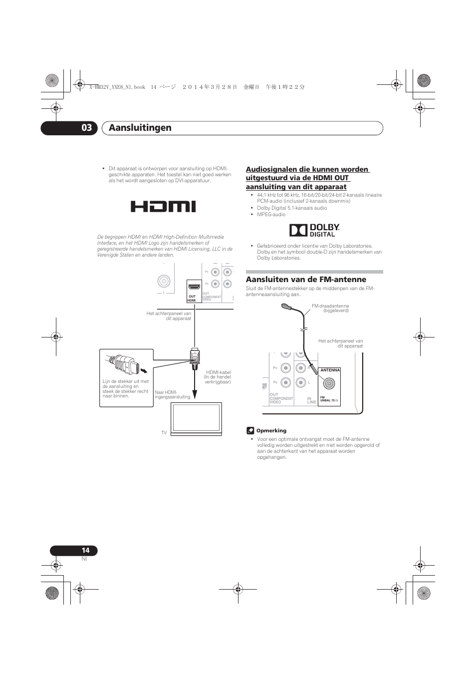 Audiosignalen die kunnen worden uitgestuurd via de, Hdmi out aansluiting van dit apparaat, Aansluiten van de fm-antenne | Aansluitingen 03 | Pioneer X-HM32V-S User Manual | Page 198 / 280