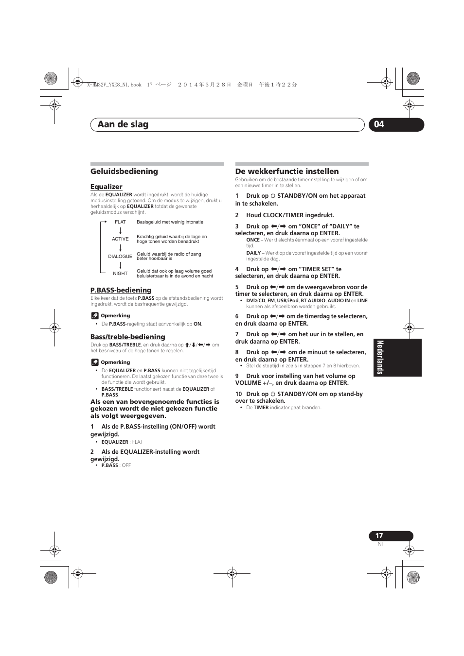 Geluidsbediening, Equalizer, P.bass-bediening | Bass/treble-bediening, De wekkerfunctie instellen, Aan de slag 04 | Pioneer X-HM32V-S User Manual | Page 201 / 280