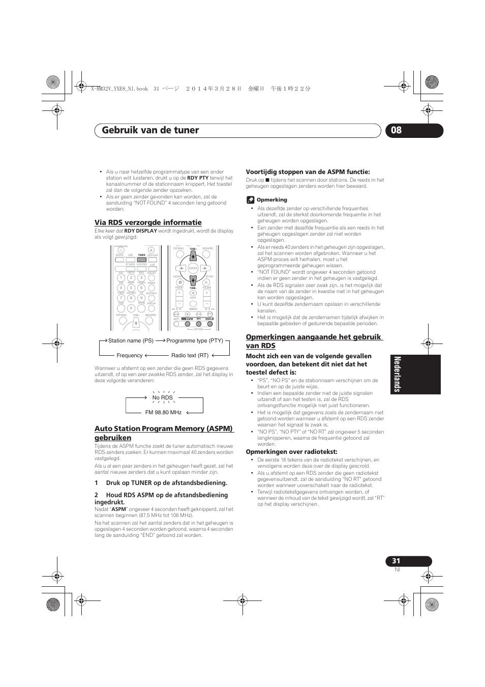 Via rds verzorgde informatie, Auto station program memory (aspm) gebruiken, Opmerkingen aangaande het gebruik van rds | Gebruik van de tuner 08 | Pioneer X-HM32V-S User Manual | Page 215 / 280