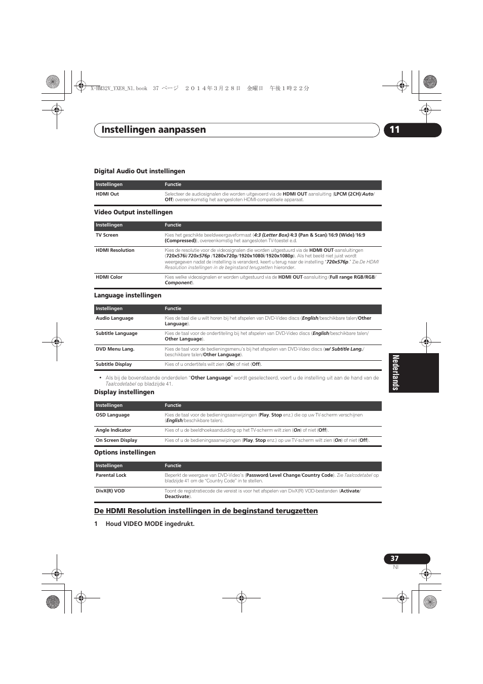 De hdmi resolution instellingen in de beginstand, Terugzetten, Instellingen aanpassen 11 | Pioneer X-HM32V-S User Manual | Page 221 / 280