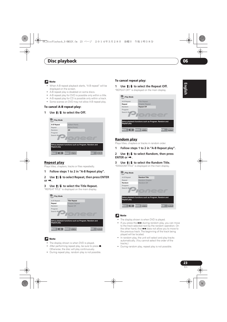 Repeat play, Random play, Disc playback 06 | English | Pioneer X-HM32V-S User Manual | Page 23 / 280