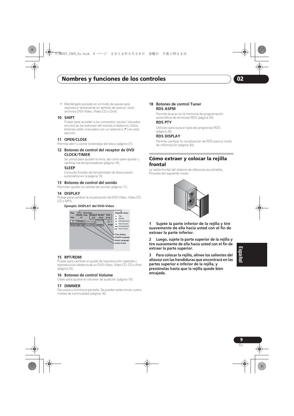 Cómo extraer y colocar la rejilla frontal, Nombres y funciones de los controles 02 | Pioneer X-HM32V-S User Manual | Page 239 / 280