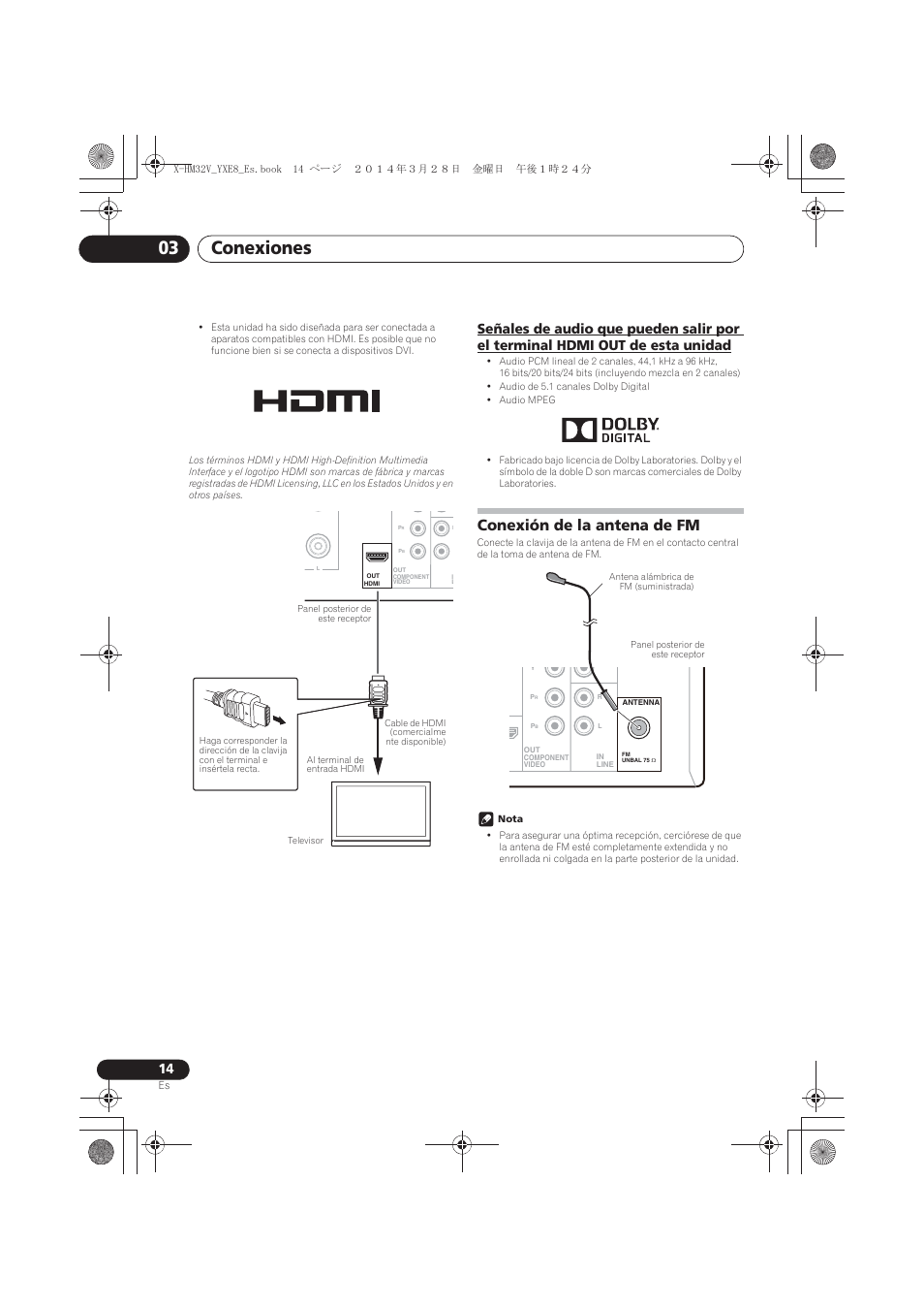 Señales de audio que pueden salir por el terminal, Hdmi out de esta unidad, Conexión de la antena de fm | Conexiones 03 | Pioneer X-HM32V-S User Manual | Page 244 / 280