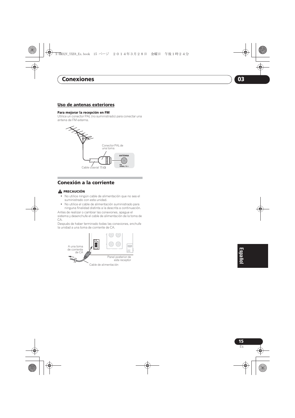 Uso de antenas exteriores, Conexión a la corriente, Conexiones 03 | Pioneer X-HM32V-S User Manual | Page 245 / 280