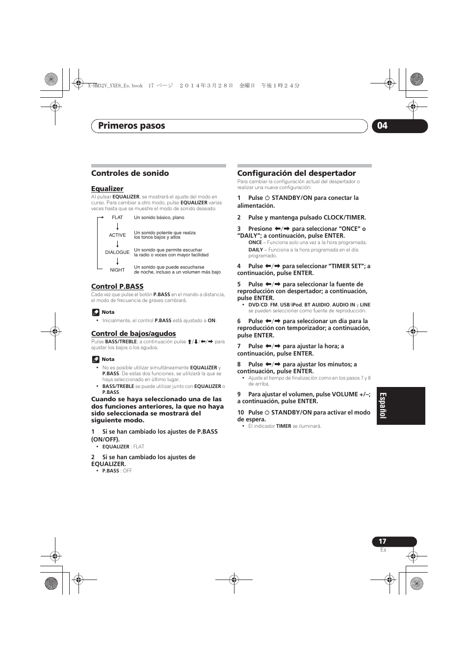 Controles de sonido, Equalizer, Control p.bass | Control de bajos/agudos, Configuración del despertador, Primeros pasos 04 | Pioneer X-HM32V-S User Manual | Page 247 / 280