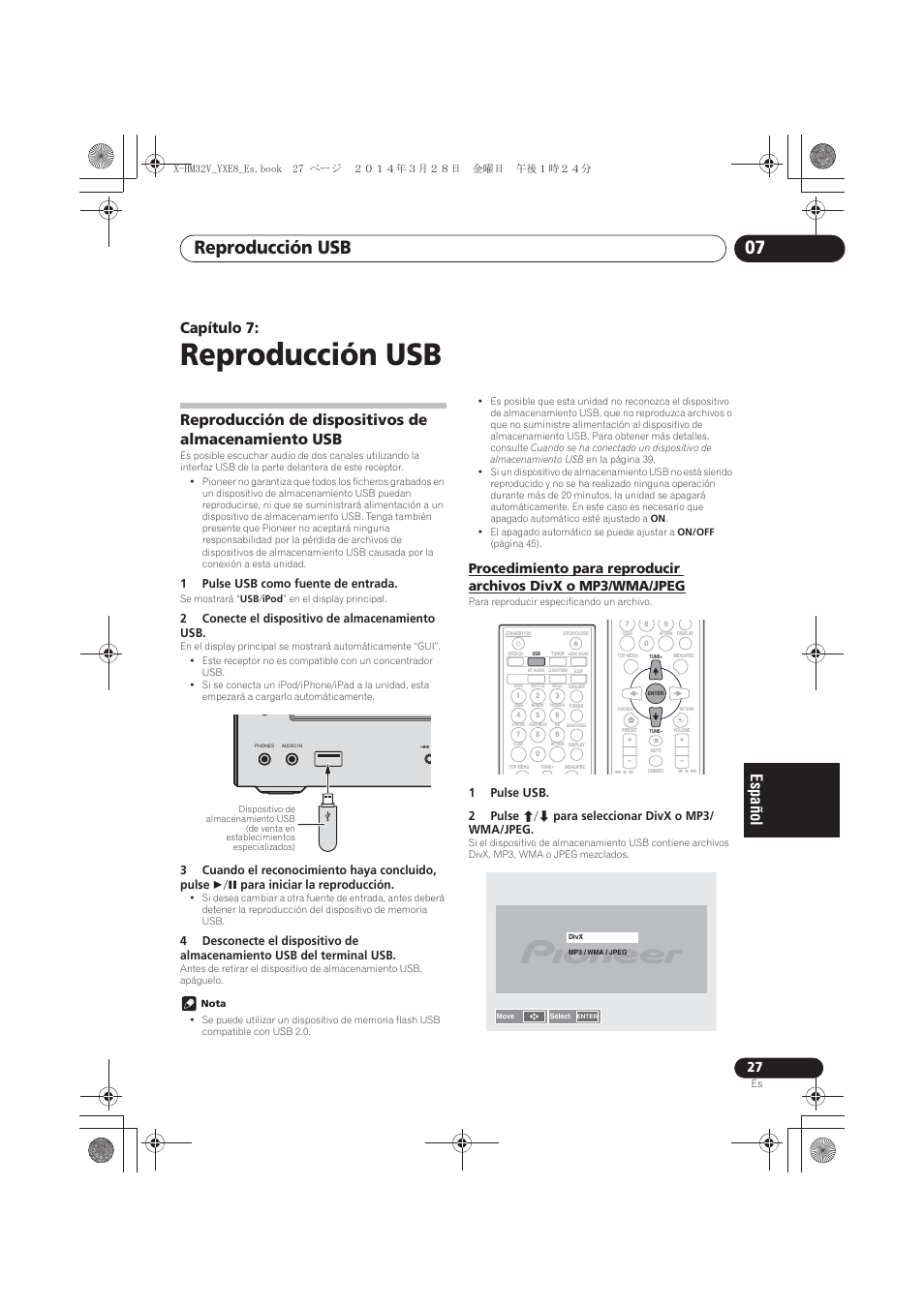 07 reproducción usb, Reproducción de dispositivos de almacenamiento, Procedimiento para reproducir archivos divx o mp3 | Wma/jpeg, Reproducción usb, Reproducción usb 07, Capítulo 7, Reproducción de dispositivos de almacenamiento usb | Pioneer X-HM32V-S User Manual | Page 257 / 280