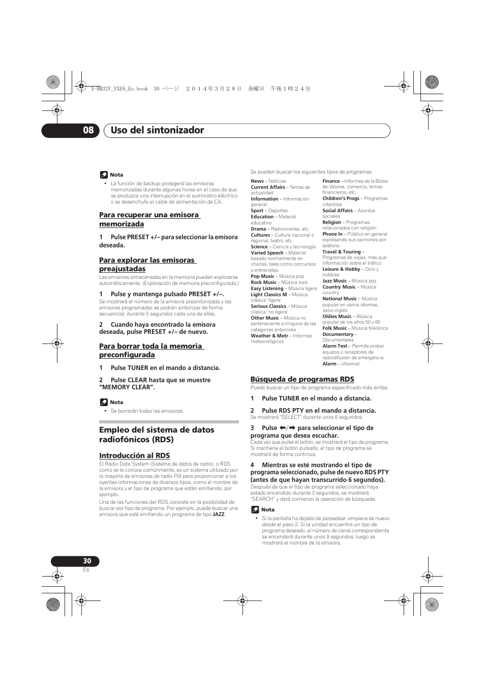 Para recuperar una emisora memorizada, Para explorar las emisoras preajustadas, Para borrar toda la memoria preconfigurada | Empleo del sistema de datos radiofónicos (rds), Introducción al rds, Búsqueda de programas rds, Uso del sintonizador 08 | Pioneer X-HM32V-S User Manual | Page 260 / 280