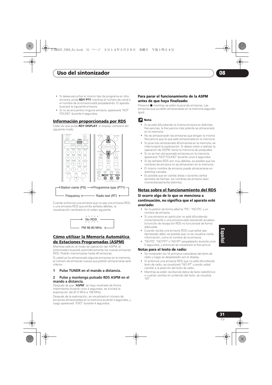 Información proporcionada por rds, Cómo utilizar la memoria automática de estaciones, Programadas (aspm) | Notas sobre el funcionamiento del rds, Uso del sintonizador 08 | Pioneer X-HM32V-S User Manual | Page 261 / 280