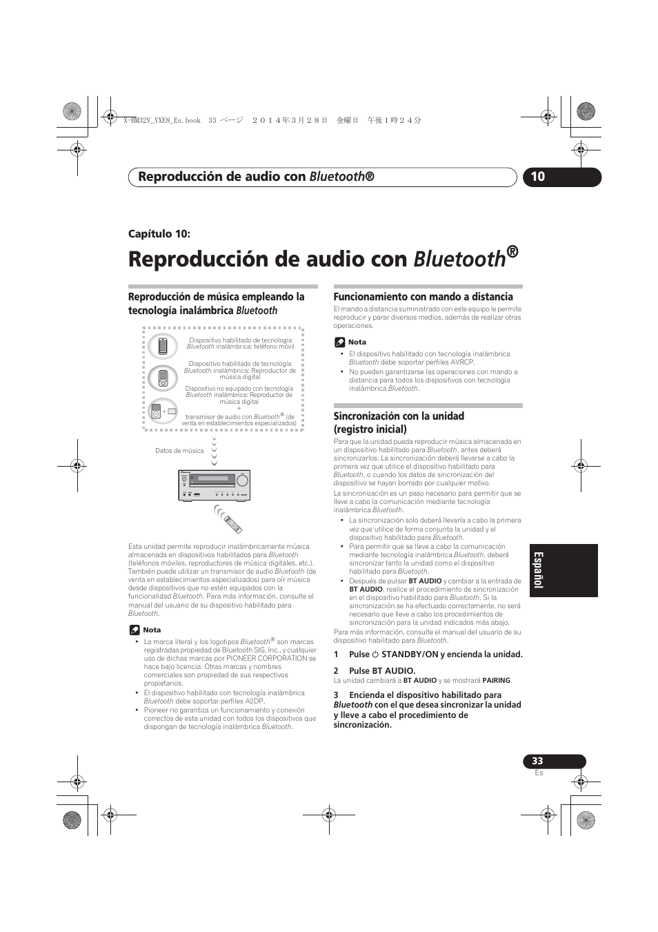 10 reproducción de audio con bluetooth, Reproducción de música empleando la tecnología, Inalámbrica bluetooth | Funcionamiento con mando a distancia, Sincronización con la unidad, Registro inicial), Reproducción de audio con bluetooth, Capítulo 10, Sincronización con la unidad (registro inicial) | Pioneer X-HM32V-S User Manual | Page 263 / 280