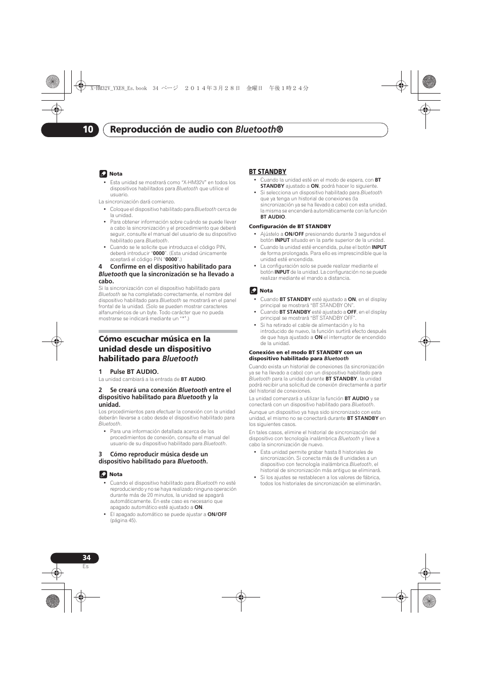 Cómo escuchar música en la unidad desde un, Dispositivo habilitado para bluetooth, Bt standby | Reproducción de audio con bluetooth | Pioneer X-HM32V-S User Manual | Page 264 / 280