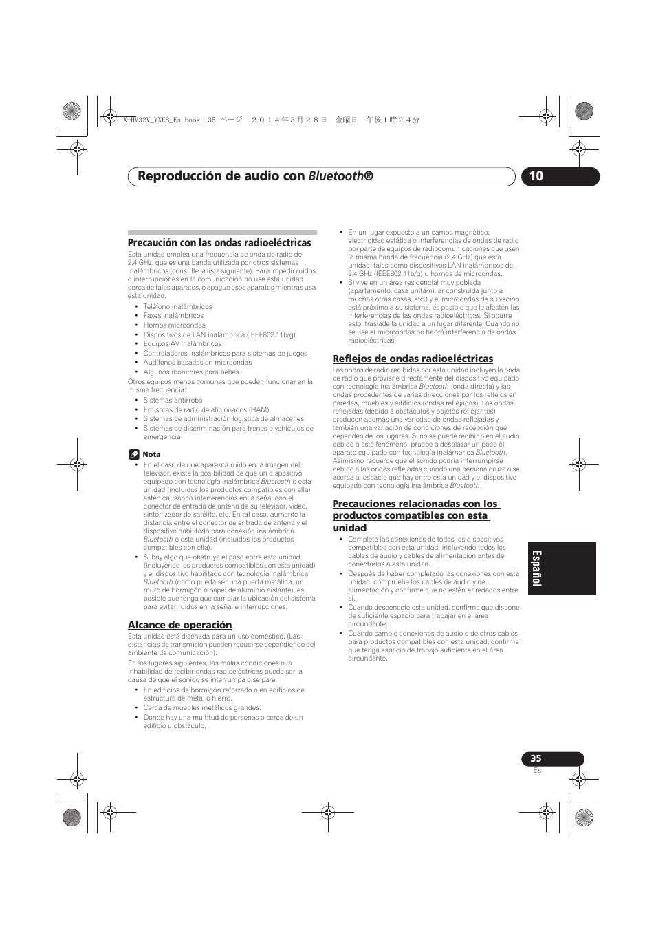 Precaución con las ondas radioeléctricas, Alcance de operación, Reflejos de ondas radioeléctricas | Precauciones relacionadas con los productos, Compatibles con esta unidad, Reproducción de audio con bluetooth | Pioneer X-HM32V-S User Manual | Page 265 / 280