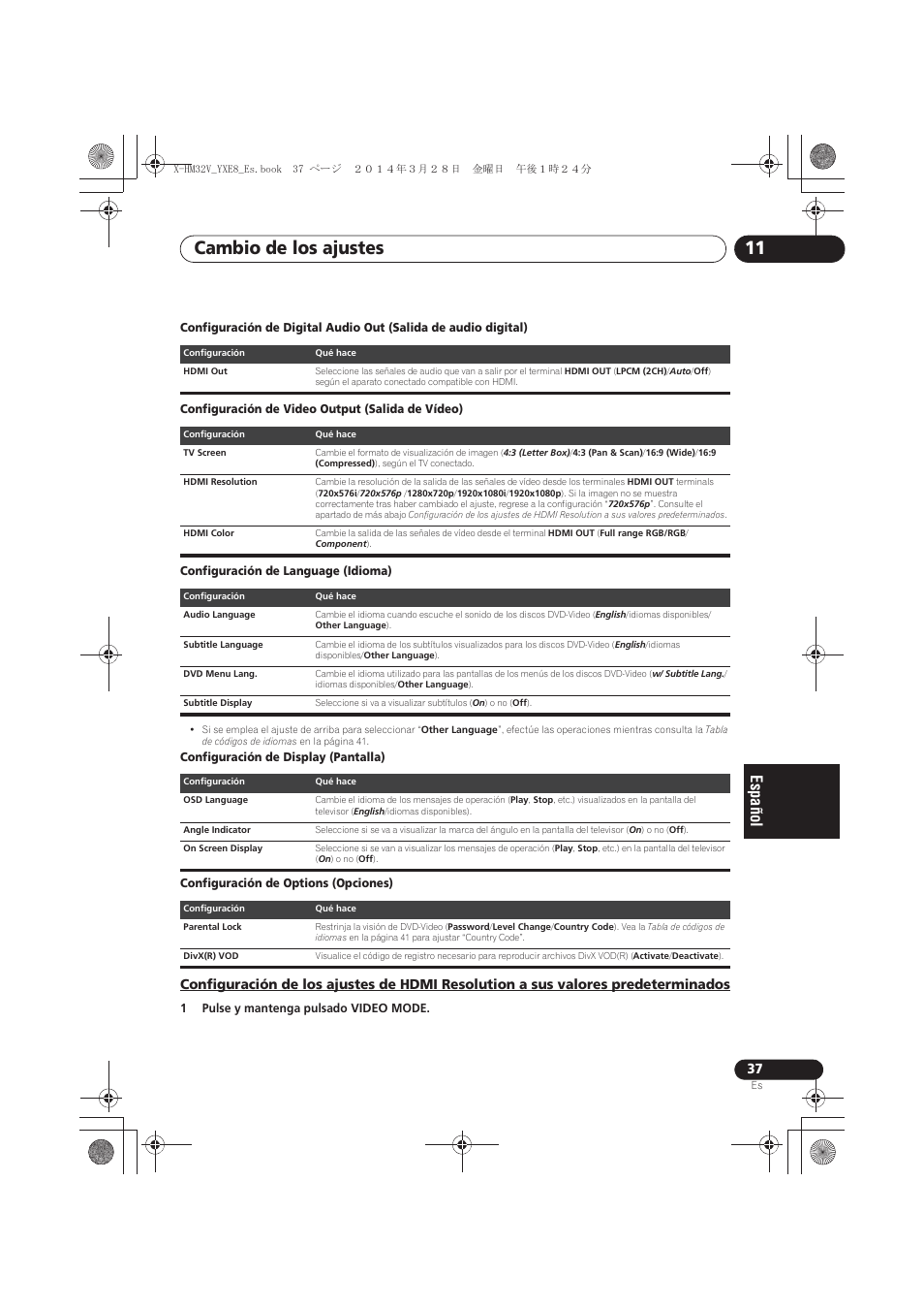 Configuración de los ajustes de hdmi resolution a, Sus valores predeterminados, Cambio de los ajustes 11 | Pioneer X-HM32V-S User Manual | Page 267 / 280