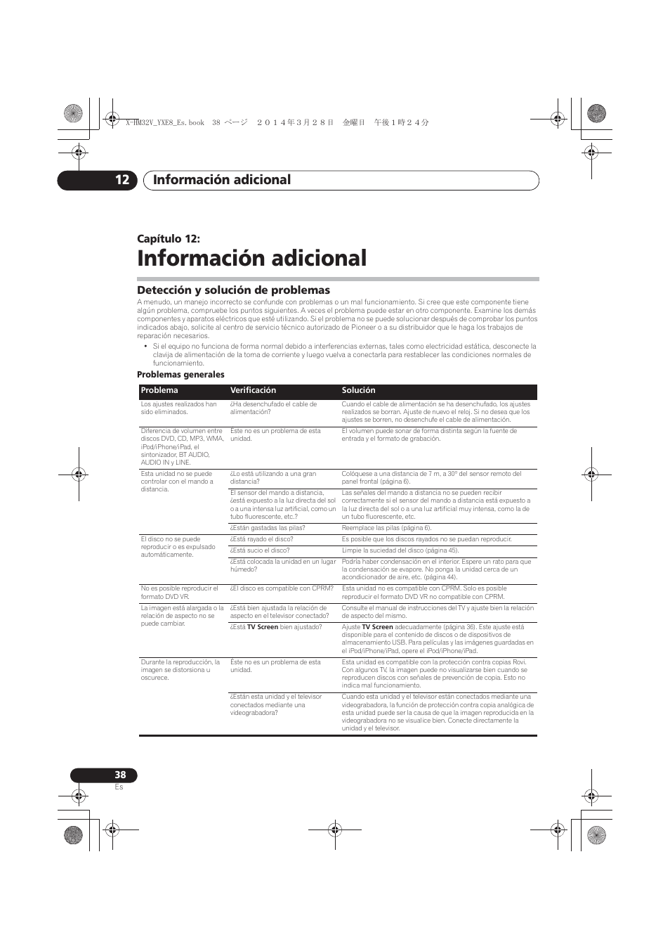 12 información adicional, Detección y solución de problemas, Información adicional | Información adicional 12, Capítulo 12 | Pioneer X-HM32V-S User Manual | Page 268 / 280