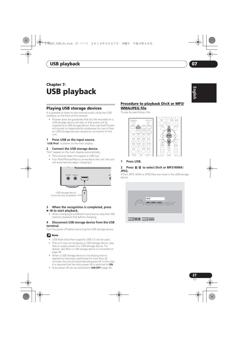 07 usb playback, Playing usb storage devices, Procedure to playback divx or mp3/wma/jpeg file | Usb playback, Usb playback 07, English, Chapter 7, Procedure to playback divx or mp3/ wma/jpeg file, 1press usb as the input source, 2connect the usb storage device | Pioneer X-HM32V-S User Manual | Page 27 / 280