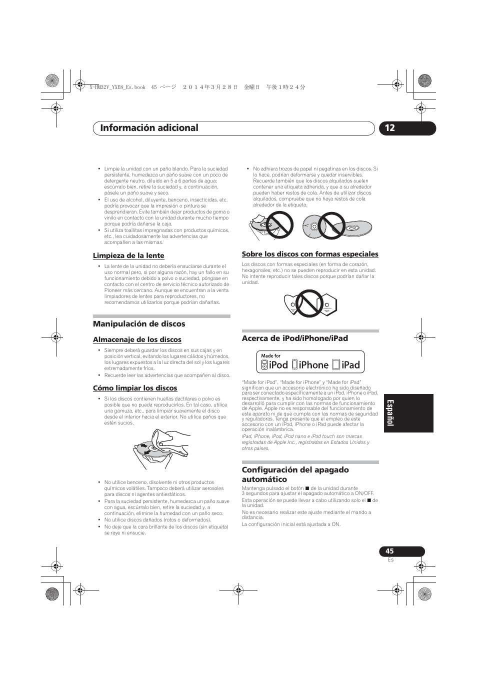 Limpieza de la lente, Manipulación de discos, Almacenaje de los discos | Cómo limpiar los discos, Sobre los discos con formas especiales, Acerca de ipod/iphone/ipad, Configuración del apagado automático, Información adicional 12 | Pioneer X-HM32V-S User Manual | Page 275 / 280