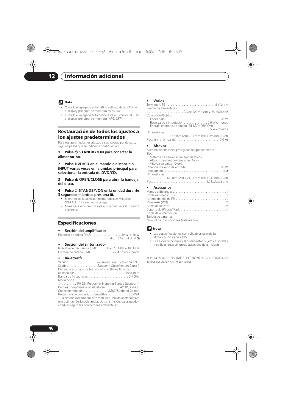 Restauración de todos los ajustes a los ajustes, Predeterminados, Especificaciones | Información adicional 12 | Pioneer X-HM32V-S User Manual | Page 276 / 280