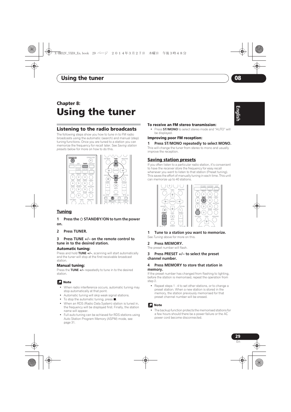 08 using the tuner, Listening to the radio broadcasts, Tuning | Saving station presets, Using the tuner, Using the tuner 08, English, Chapter 8, Manual tuning | Pioneer X-HM32V-S User Manual | Page 29 / 280