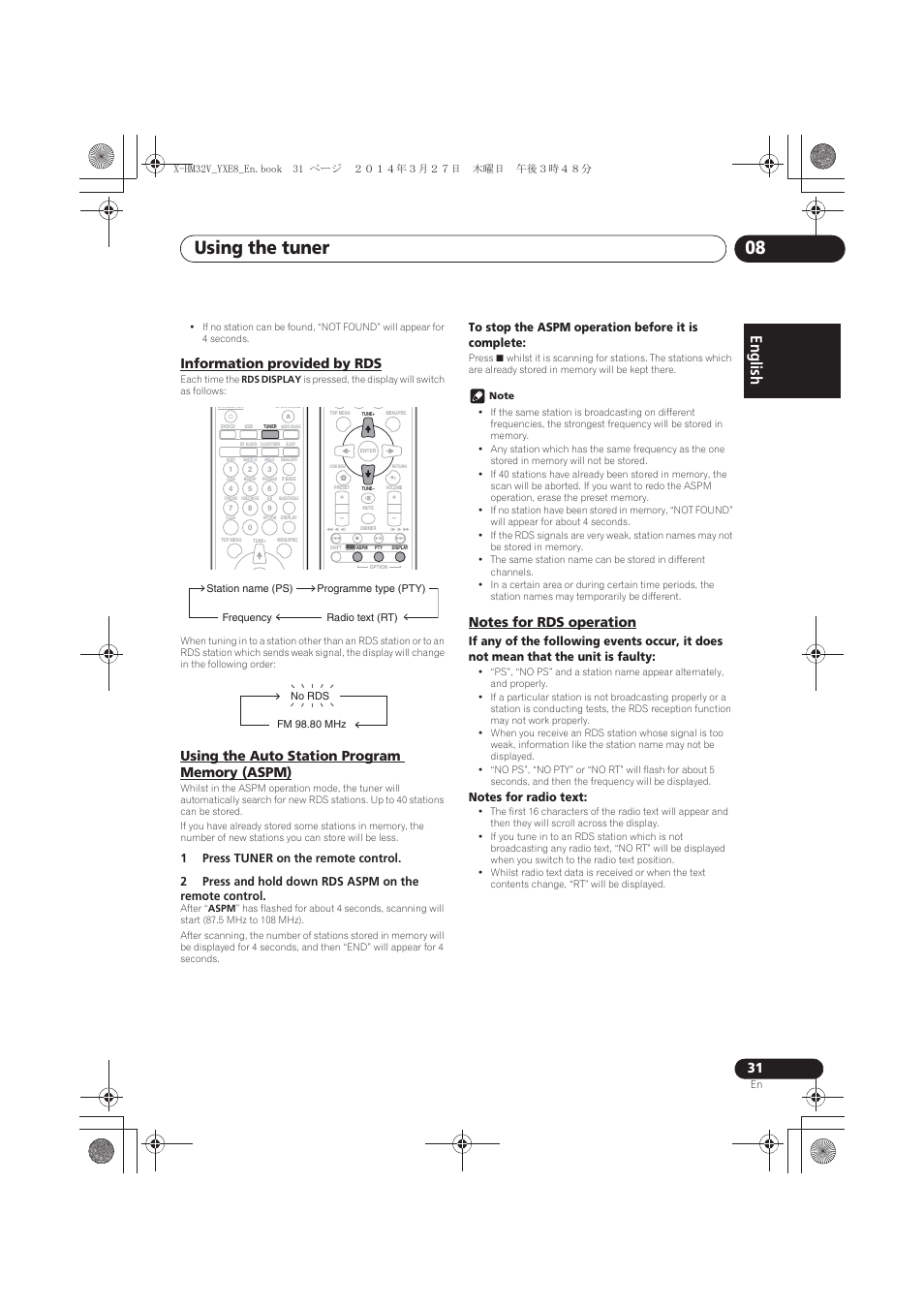 Information provided by rds, Using the auto station program memory (aspm), Notes for rds operation | Using the tuner 08, English | Pioneer X-HM32V-S User Manual | Page 31 / 280