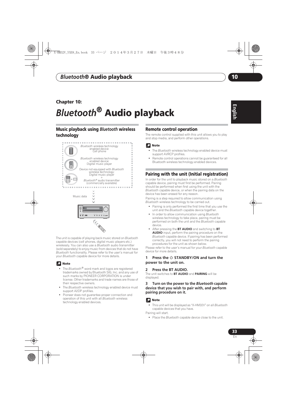 10 bluetooth ® audio playback, Music playback using bluetooth wireless, Technology | Remote control operation, Pairing with the unit (initial registration), Bluetooth, Audio playback, Bluetooth ® audio playback, English français español, Chapter 10 | Pioneer X-HM32V-S User Manual | Page 33 / 280