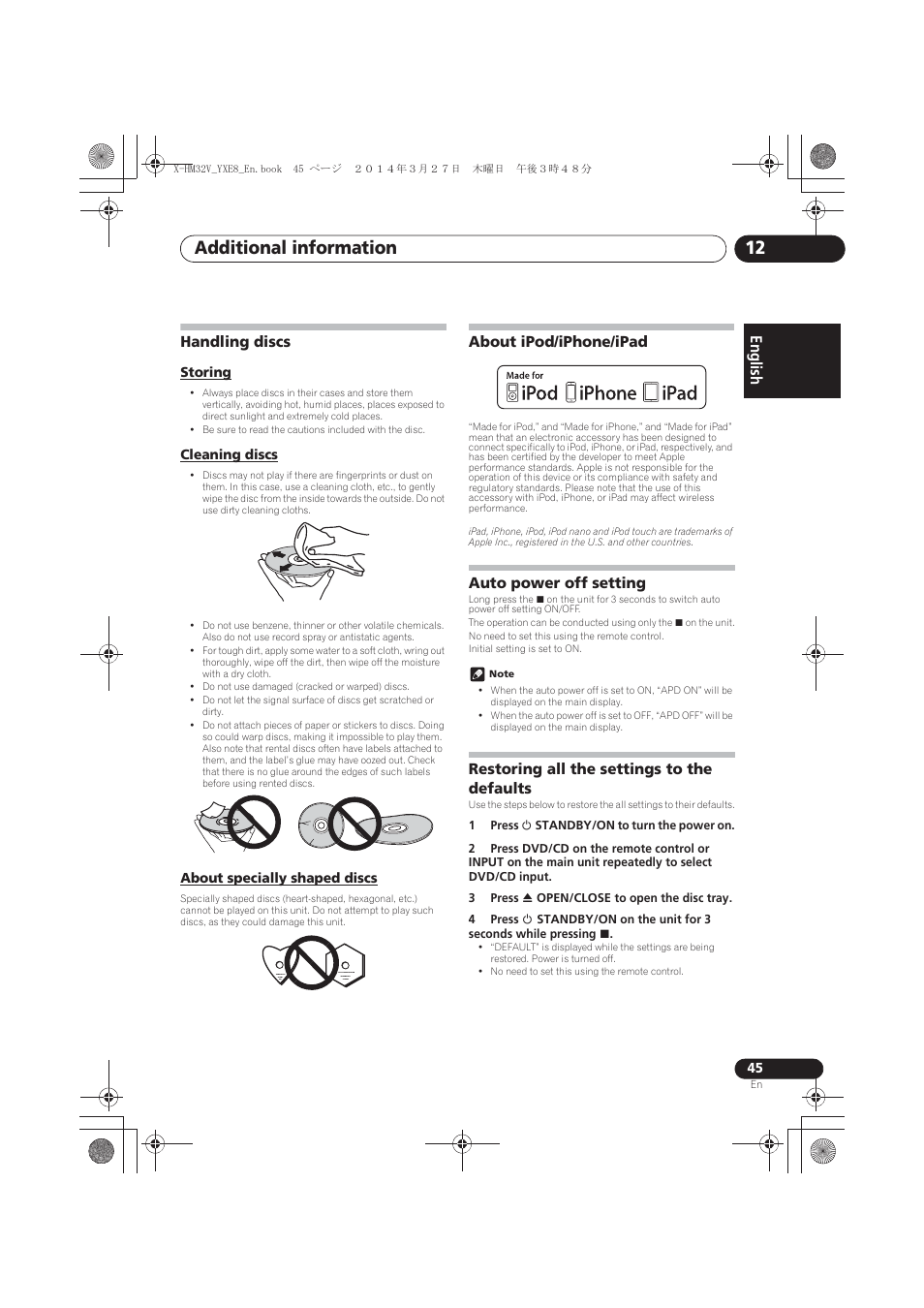 Handling discs, Storing, Cleaning discs | About specially shaped discs, About ipod/iphone/ipad, Auto power off setting, Restoring all the settings to the defaults, Additional information 12, English | Pioneer X-HM32V-S User Manual | Page 45 / 280