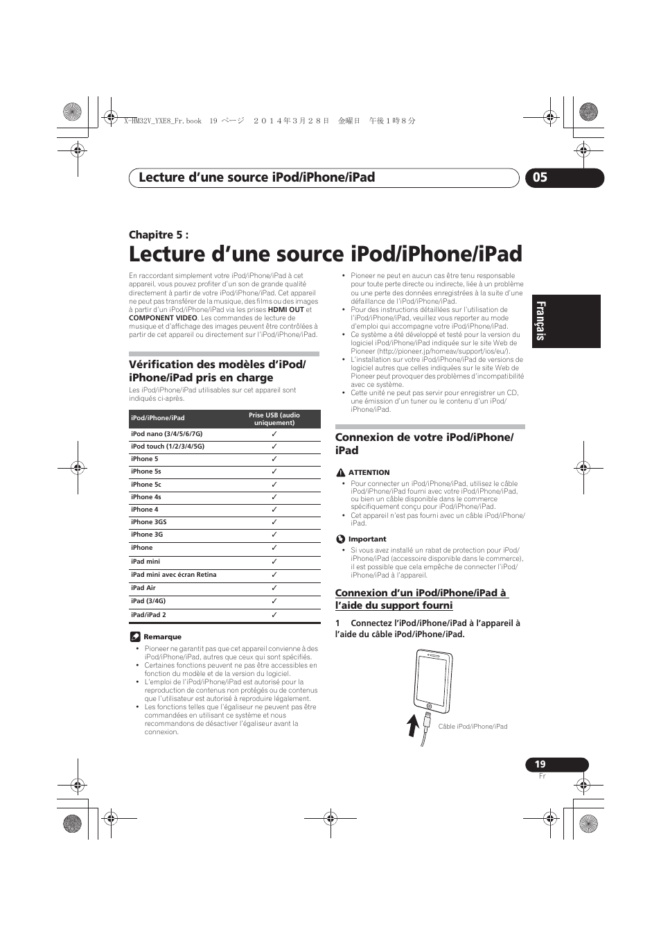 05 lecture d’une source ipod/iphone/ipad, Charge, Connexion de votre ipod/iphone/ipad | Fourni, Lecture d’une source ipod/iphone/ipad, Lecture d’une source ipod/iphone/ipad 05, Chapitre 5, Connexion de votre ipod/iphone/ ipad | Pioneer X-HM32V-S User Manual | Page 65 / 280