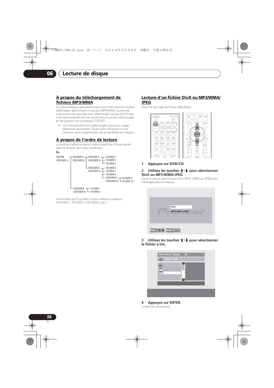 À propos du téléchargement de fichiers, Mp3/wma, À propos de l’ordre de lecture | Lecture d’un fichier divx ou mp3/wma/jpeg, Lecture de disque 06, À propos du téléchargement de fichiers mp3/wma, Lecture d’un fichier divx ou mp3/wma/ jpeg | Pioneer X-HM32V-S User Manual | Page 72 / 280