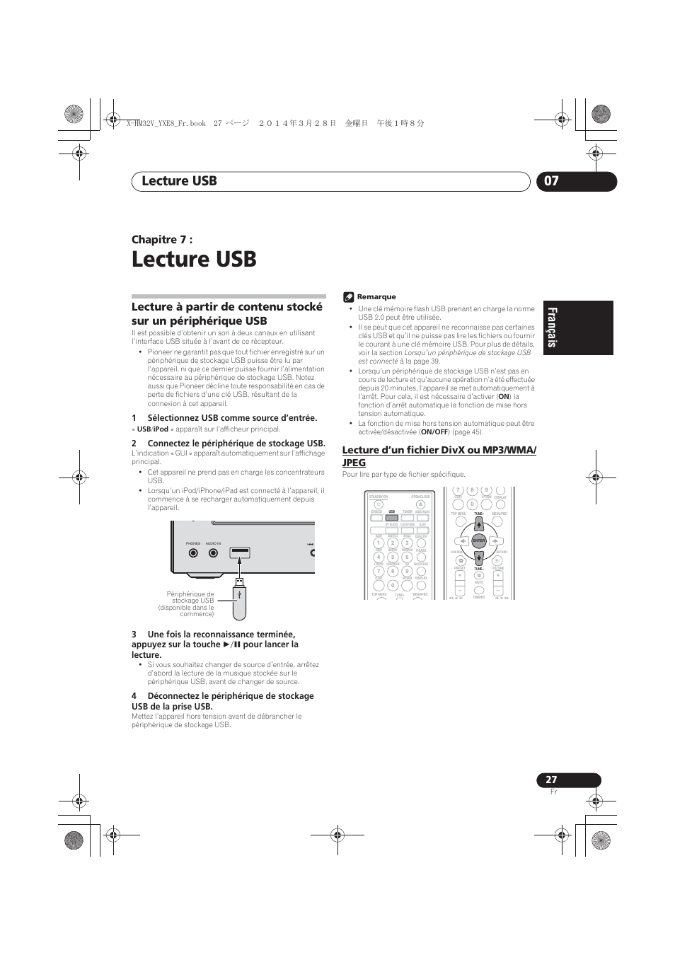 07 lecture usb, Lecture à partir de contenu stocké sur un, Périphérique usb | Lecture d’un fichier divx ou mp3/wma/jpeg, Lecture usb, Lecture usb 07, Chapitre 7, Lecture d’un fichier divx ou mp3/wma/ jpeg | Pioneer X-HM32V-S User Manual | Page 73 / 280