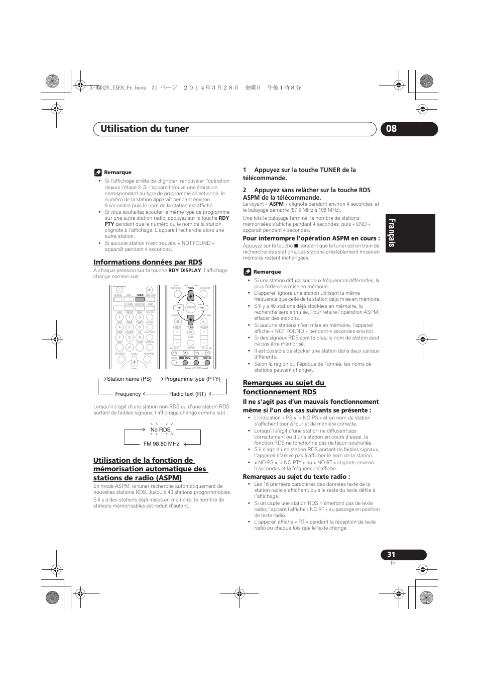 Informations données par rds, Utilisation de la fonction de mémorisation, Automatique des stations de radio (aspm) | Remarques au sujet du fonctionnement rds, Utilisation du tuner 08 | Pioneer X-HM32V-S User Manual | Page 77 / 280