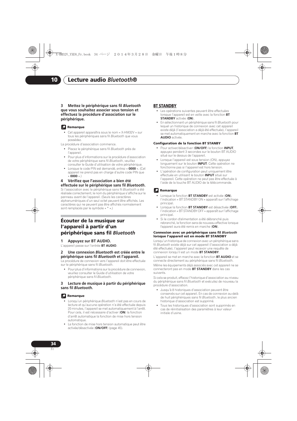 Écouter de la musique sur l’appareil à partir d’un, Périphérique sans fil bluetooth, Bt standby | Lecture audio bluetooth | Pioneer X-HM32V-S User Manual | Page 80 / 280