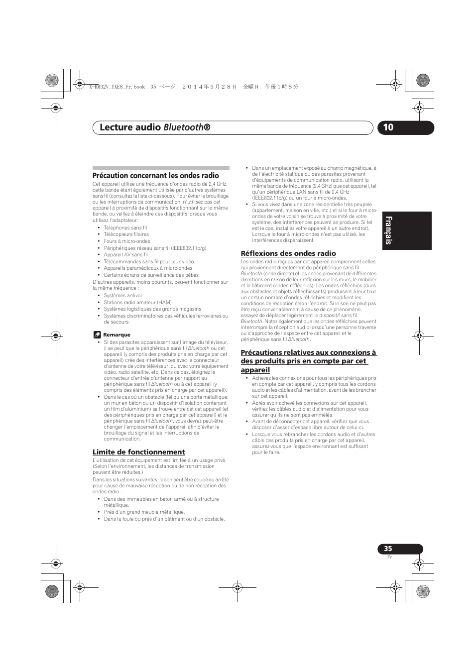 Précaution concernant les ondes radio, Limite de fonctionnement, Réflexions des ondes radio | Pris en compte par cet appareil, Lecture audio bluetooth | Pioneer X-HM32V-S User Manual | Page 81 / 280