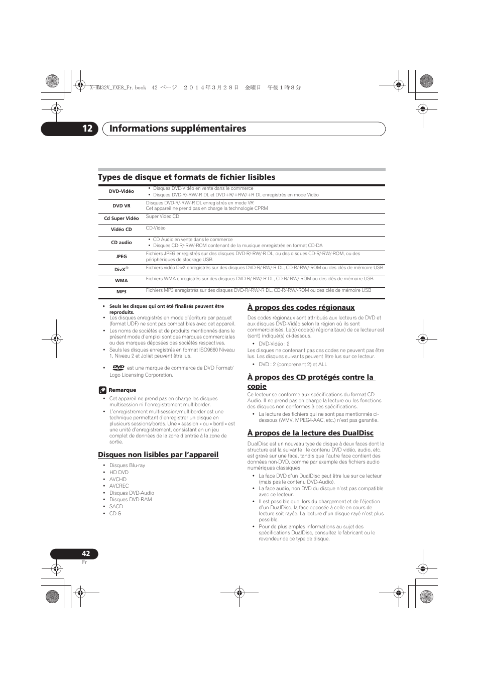 Types de disque et formats de fichier lisibles, Disques non lisibles par l’appareil, À propos des codes régionaux | À propos des cd protégés contre la copie, À propos de la lecture des dualdisc, Informations supplémentaires 12 | Pioneer X-HM32V-S User Manual | Page 88 / 280