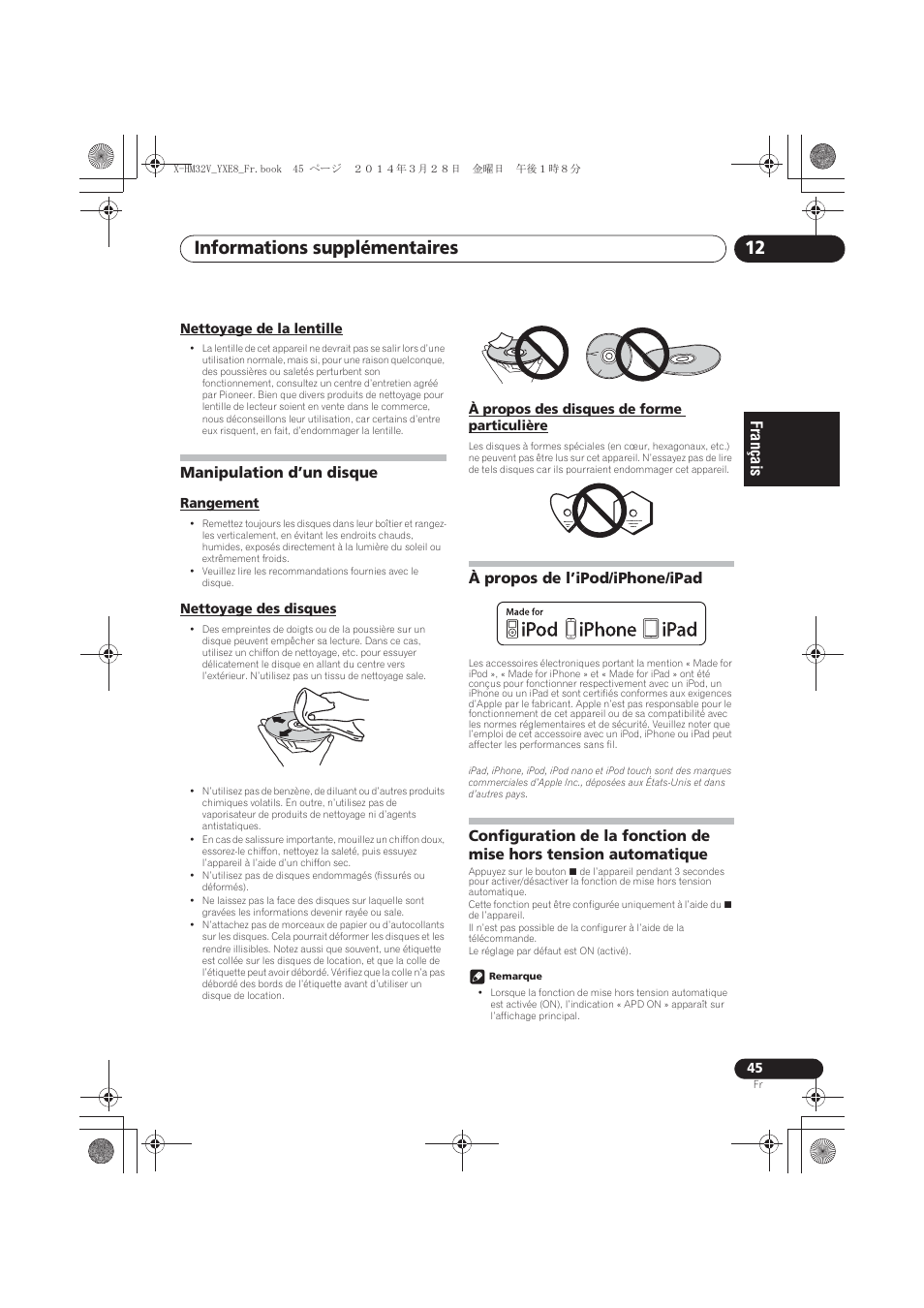 Nettoyage de la lentille, Manipulation d’un disque, Rangement | Nettoyage des disques, À propos des disques de forme particulière, À propos de l’ipod/iphone/ipad, Configuration de la fonction de mise hors tension, Automatique, Informations supplémentaires 12 | Pioneer X-HM32V-S User Manual | Page 91 / 280