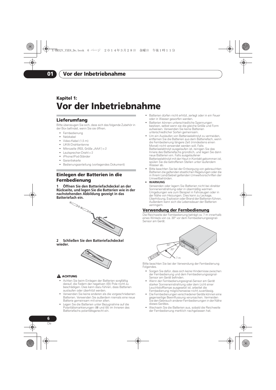 01 vor der inbetriebnahme, Lieferumfang, Einlegen der batterien in die fernbedienung | Verwendung der fernbedienung, Vor der inbetriebnahme, Vor der inbetriebnahme 01, Kapitel 1 | Pioneer X-HM32V-S User Manual | Page 98 / 280