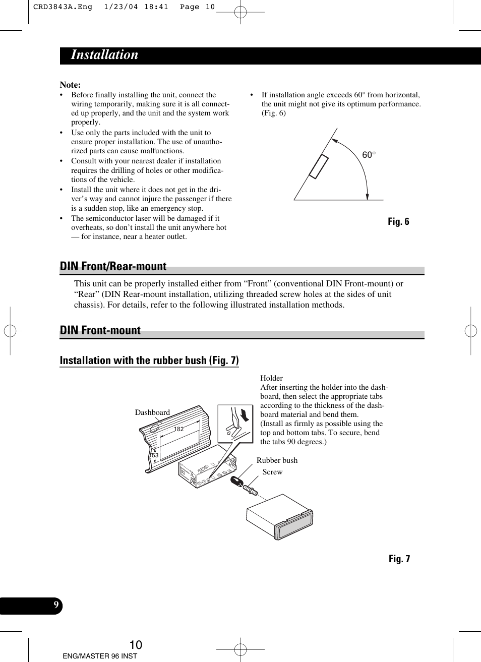 Installation, Din front/rear-mount din front-mount, A title (english) | 10 din front/rear-mount, Din front-mount, Installation with the rubber bush (fig. 7) | Pioneer DEH-P80MP User Manual | Page 10 / 74